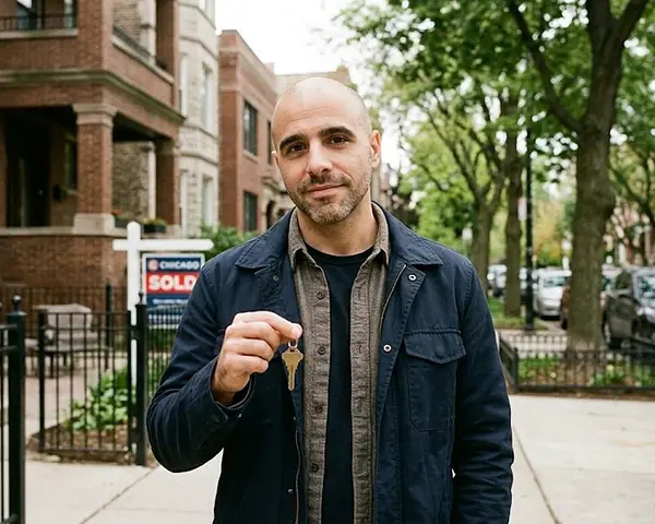 A smiling man holding a house key in front of a brick Chicago home with a SOLD sign on the lawn in daylight